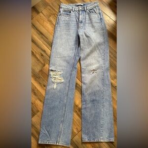 Zara Light Blue Distressed Straight Leg Jeans